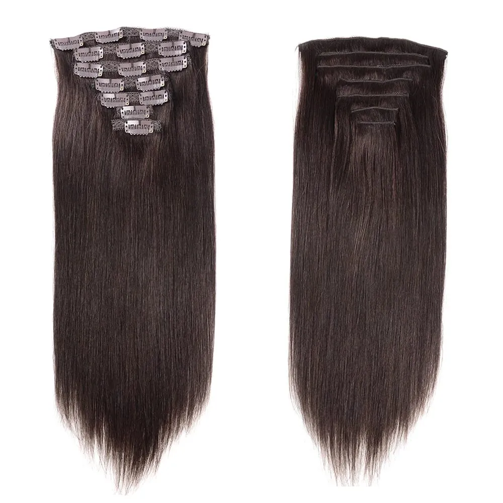 Doreen Clip Cheveux Clips en 100% Cheveux Humains Clip dans Extensions de Cheveux Véritables Pinces à Cheveux Naturelles Cousues sur Trame Brun Foncé 110G à 200G — image 2