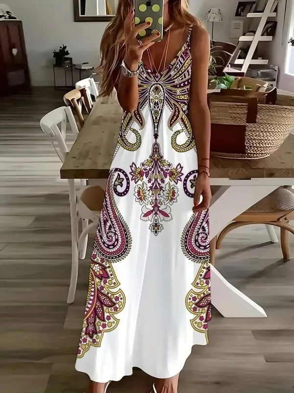 2024 vestido de tirantes con cuello en V estampado de nueva flor transfronteriza con estilo de vacaciones bohemio exótico estilo largo elegante