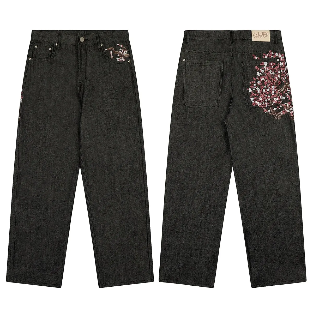 High Street Flower koi Fish Embroidery Baggy Jeans Pants for Men and Women Pantalones Hombre Straight Denim Trousers Oversized