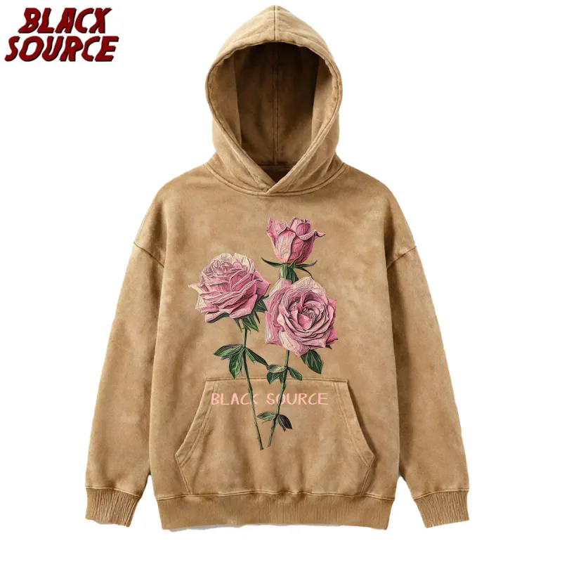 MP630 Hip Hop Men's Streetwear Retro Vintage Washed Anime Graphic Hoodie, Harajuku Casual Pullover Sweatshirt, Rose