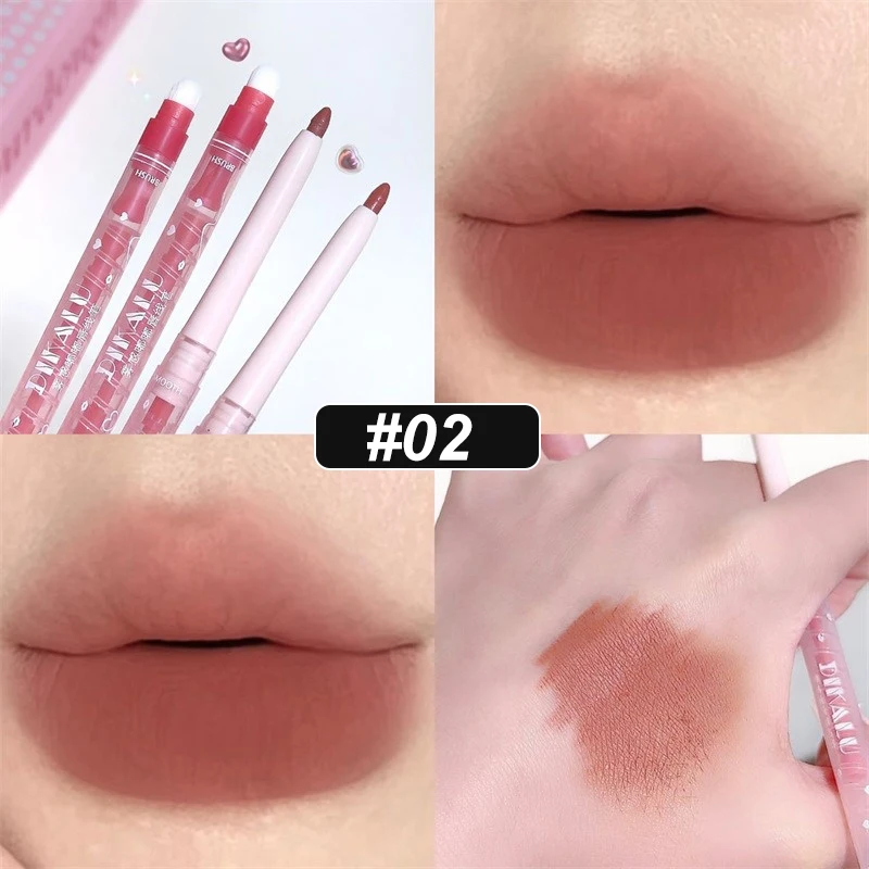 2 Color Matte Lipliner Pencil Nude Lip Liner with Lip Brush Waterproof Natural Peach Pink Lipstick Pencil Contour Lips Makeup