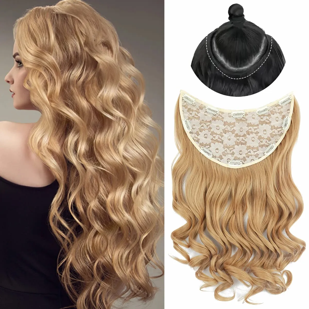Clip In Synthetic Hair Extensions 22 Inch Long Wavy V-Shaped Hair Extension Gold Hair Piece With 10 Clips For Women Daily Use — image 1