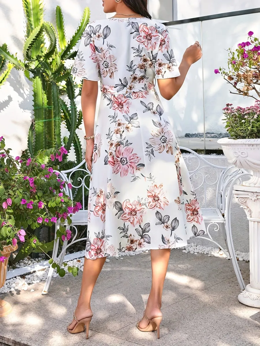 Women's Floral Print Wrap Dress - Short Sleeve V Neck Belted Midi Dress