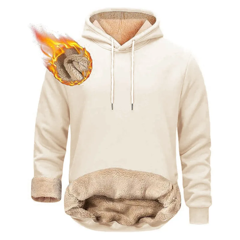 Winter Men's Warm Hoodies Sports Thick Sweatshirts Windproof Thermal Casual Solid Color Loose Long Sleeve Pullover Streetwear