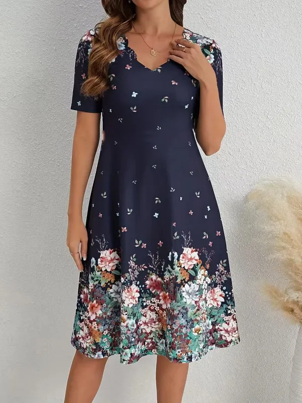 Women Scalloped V Neck Short Sleeve Midi Dress Elegant Floral Print High Waist A Line Casual Sundress Ladies Summer Party Robe