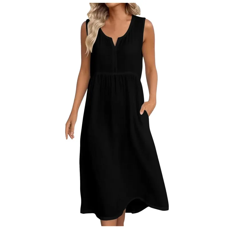 Womens Cotton Linen Midi Dresses Sleeveless Loose Comfy Beach Dress With Pockets Solid Color Casual Holiday Party Sundress