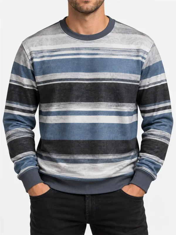 Vintage stribet sweatshirt med rund hals til mænd Casual langærmet trøje Farveblok Efterår Streetwear Hverdagsmode Klassisk top