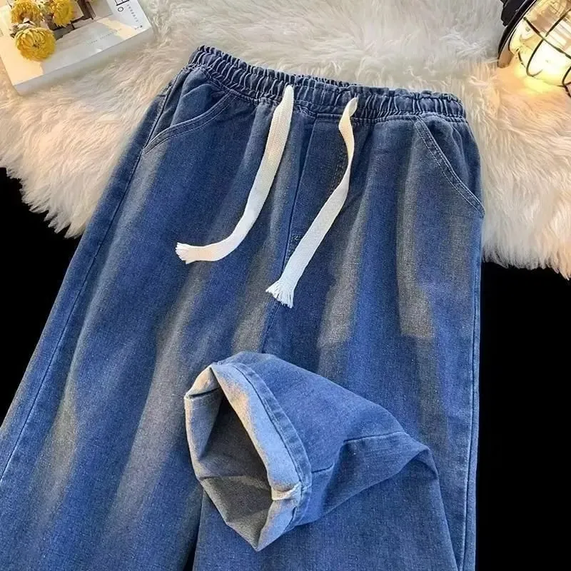 Elastic Waist Jeans Men's High Sense Straight Loose American High Street Retro