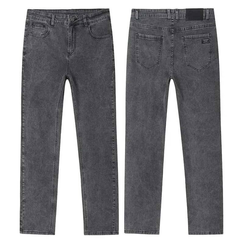Spring New Men's Slim Fit Elastic Jeans Fashion Gray Comfortable Casual Denim Pants Korean Business Work Straight Black Trousers