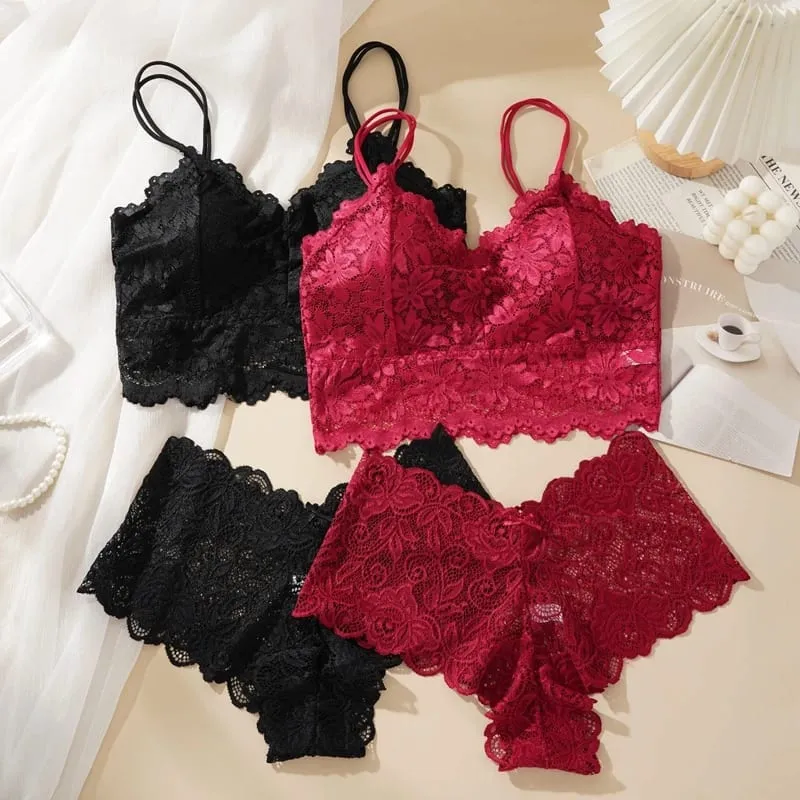 Women's Sexy Lace Bra Suit Solid Set Beautiful Back Hollow Out No Steel Ring Underwear With Lace Flower Breathable Panties — image 3
