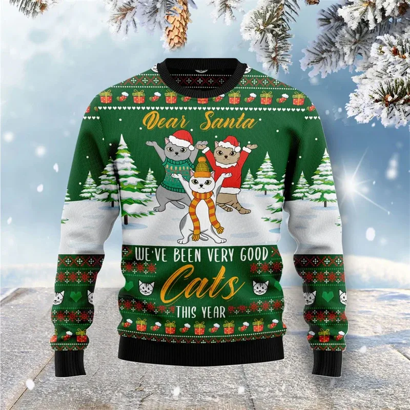 2026 New Funny Cat Pattern Ugly Christmas Sweater Fashion Autumn Crewneck 3D Printed Xmas Sweatshirts Casual Oversized Pullovers