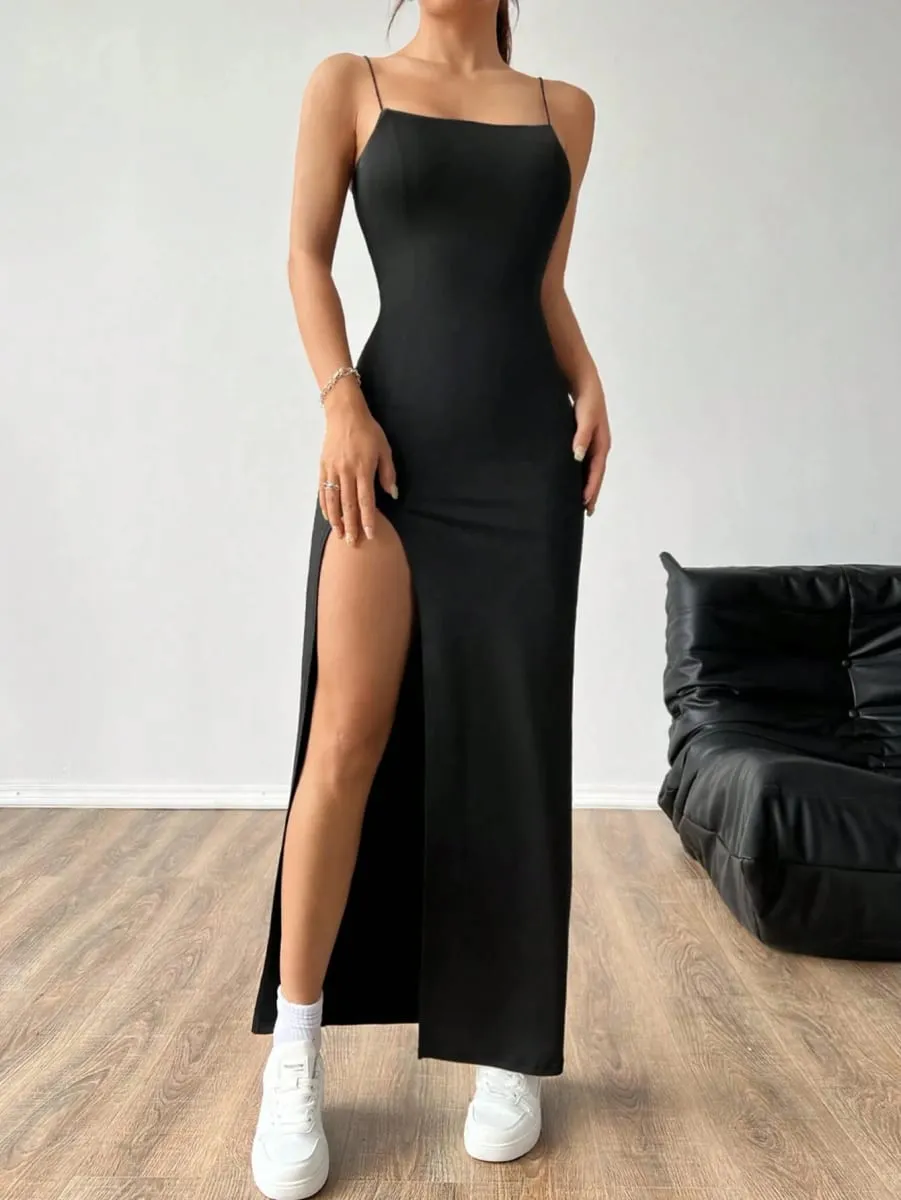Women's Solid Color High Slit Spaghetti Strap Dress