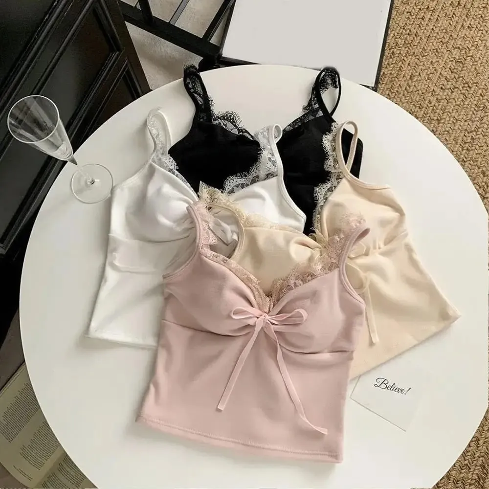 Womens Tops Sexy Tank Top Ladies Built In Bra Solid Color Camis Off Shoulder Sleeveless Camisole Sweet Lace Sling Top Tees