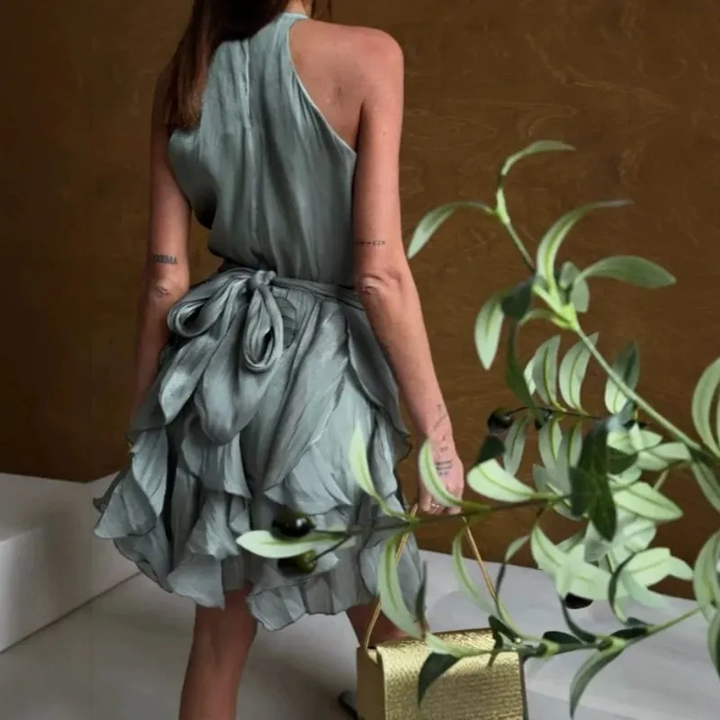 Sexy Cascading Ruffle Pleated Women's Mini Dress Fashion Lace Up Sleeveless Empire Female Dresses 2026 Spring Summer Lady