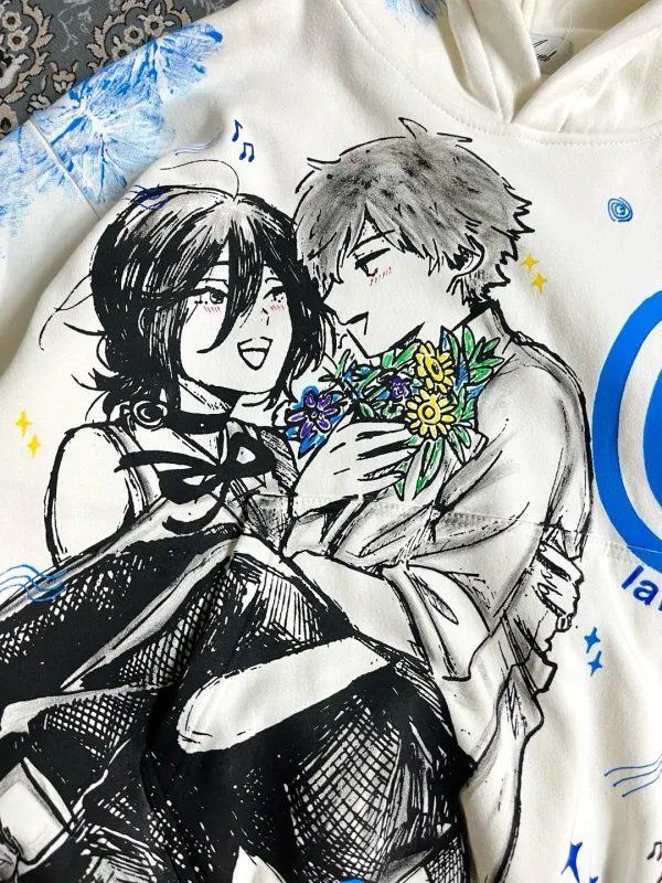 Denji and Reze Cotton Anime Hoodie Crew Neck Loose Summer Cotton Sweatshirt Harajuku Unisex Hoodies Oversized Men Clothing