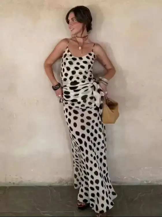 Trendy Slip Dress Animal Print V-neck Ruched Drawstring Sexy Maxi Women Dresses Beach Vacation Stylish Retro Summer Party Outfit
