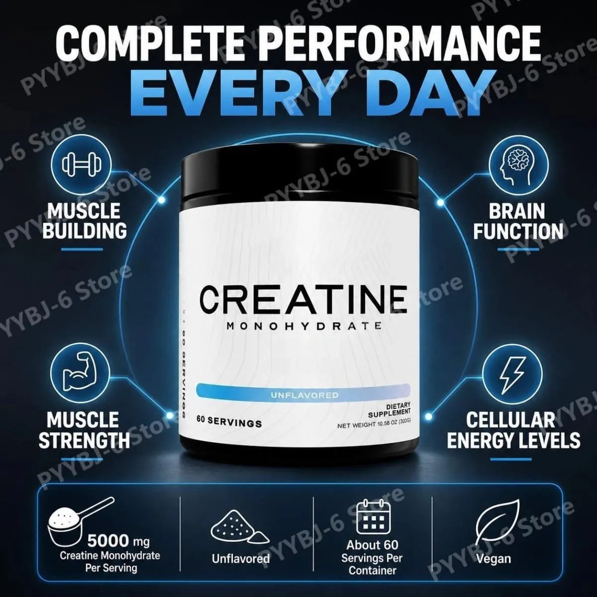 Creatine Monohydrate Powder 300G Unflavored Vegan Muscle Building Strength Cellular Energy Levels Brain Function 60 Servings