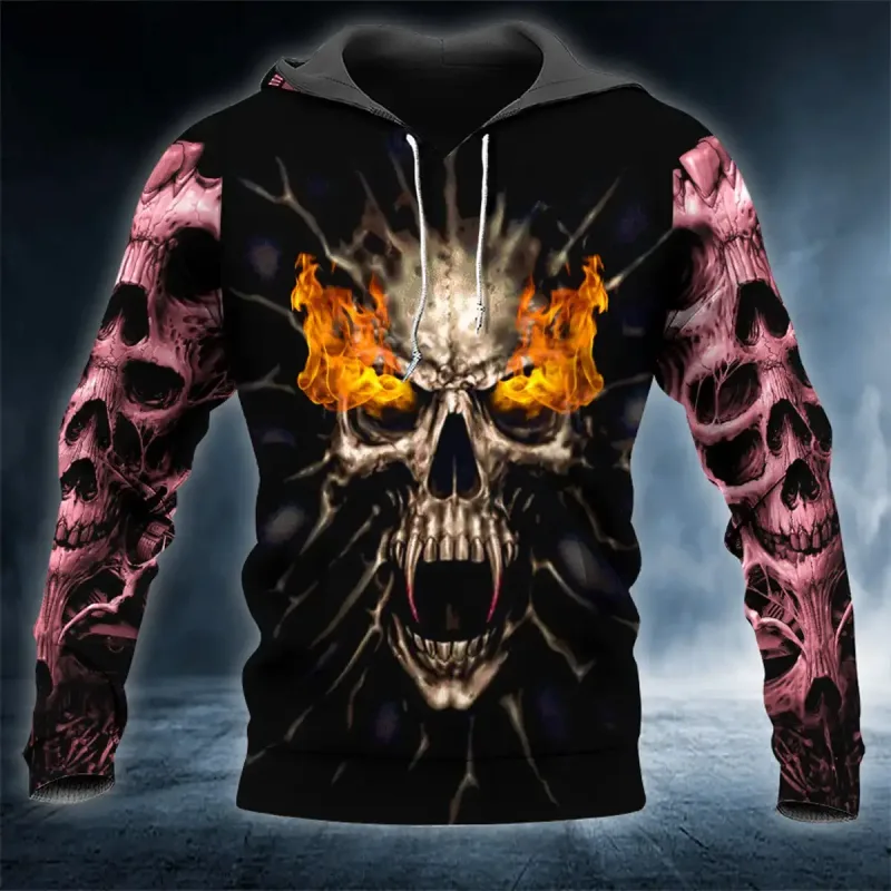Men Hoodies 3D Print Horror Flaming Skull Graphic Fashion New Style Casual Pullover Personality Oversize Men Clothing Tops