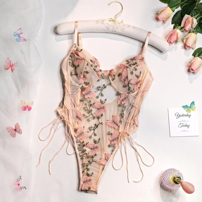 Hot Butterfly Embroidery Mesh Teddy Lace Up V Neck Backless ThongBodysuit Women's Sexy Lingerie & Underwear — image 7