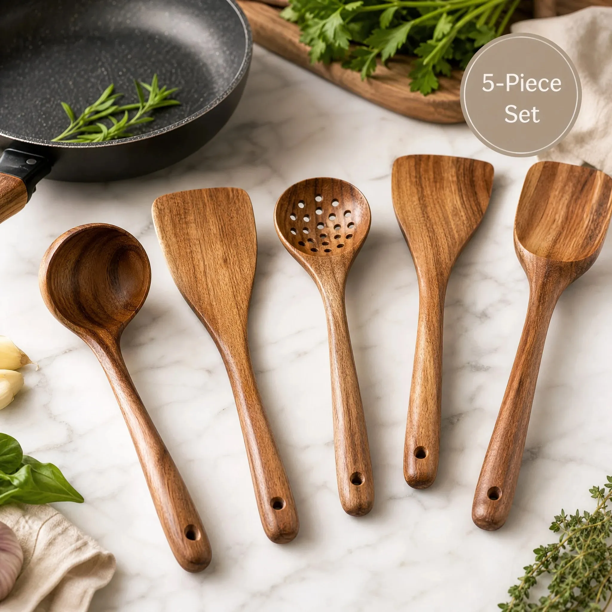 5pcs Wooden Utensil Set with Hanging Holes Food Grade Spoons and Spatula 24-33.7cm Non-Toxic Smooth Kitchen Tools for Cooking