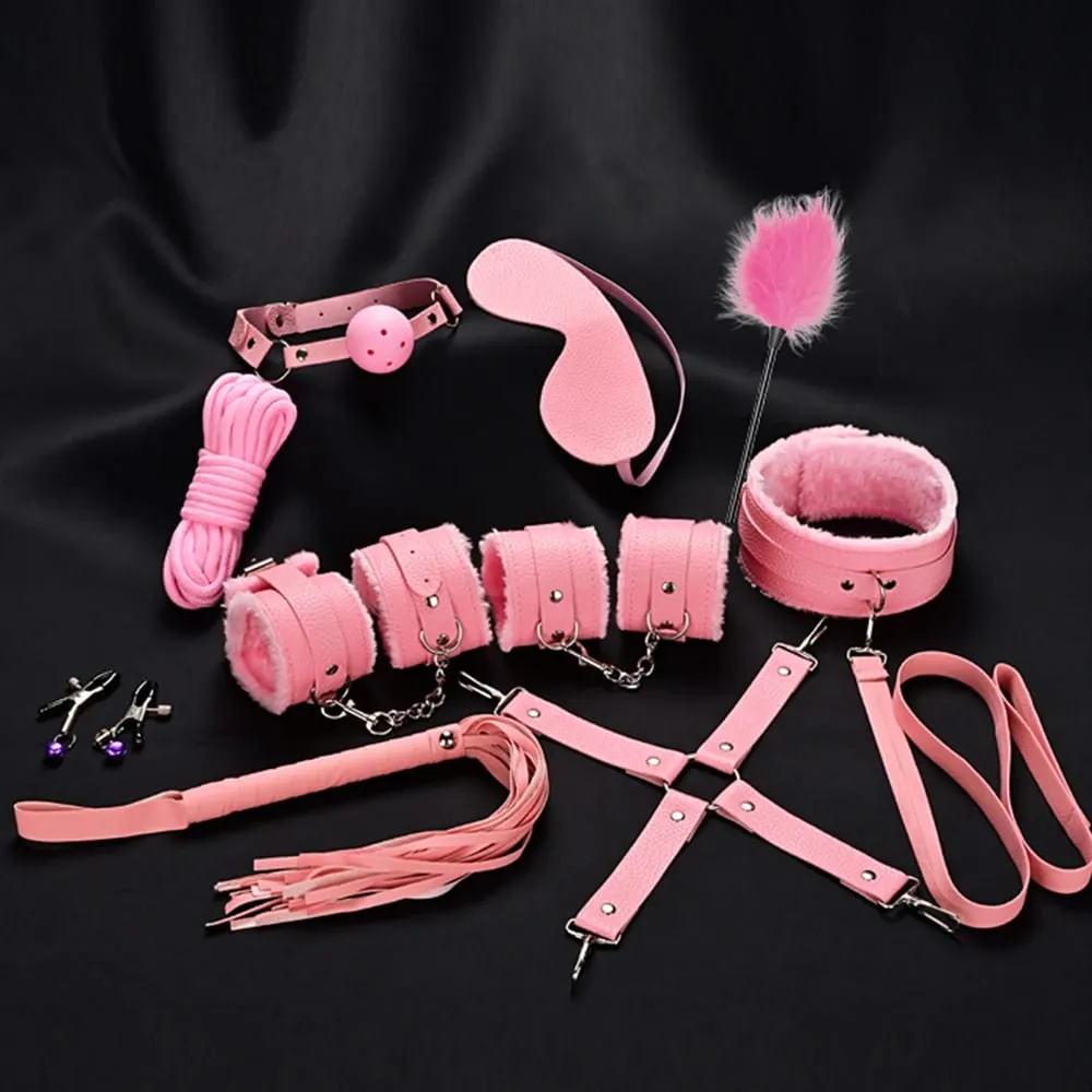 Giocattoli del sesso Kit di bondage BDSM Set di ritenuta in vera pelle Manette Collare Gag Vibratori Giocattoli del sesso per le donne Coppie Giochi per adulti