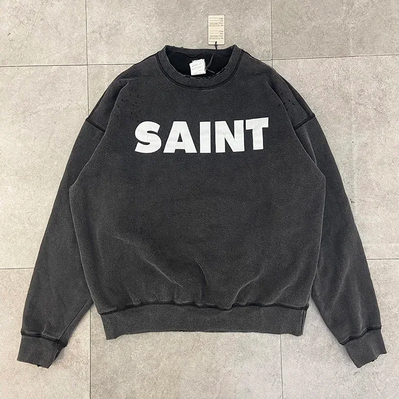 Autumn Winter Classic Overlapping Logo Print Saint Sweatshirts Men Women Couple Colorful Letters Graffiti Washed Black Pullovers