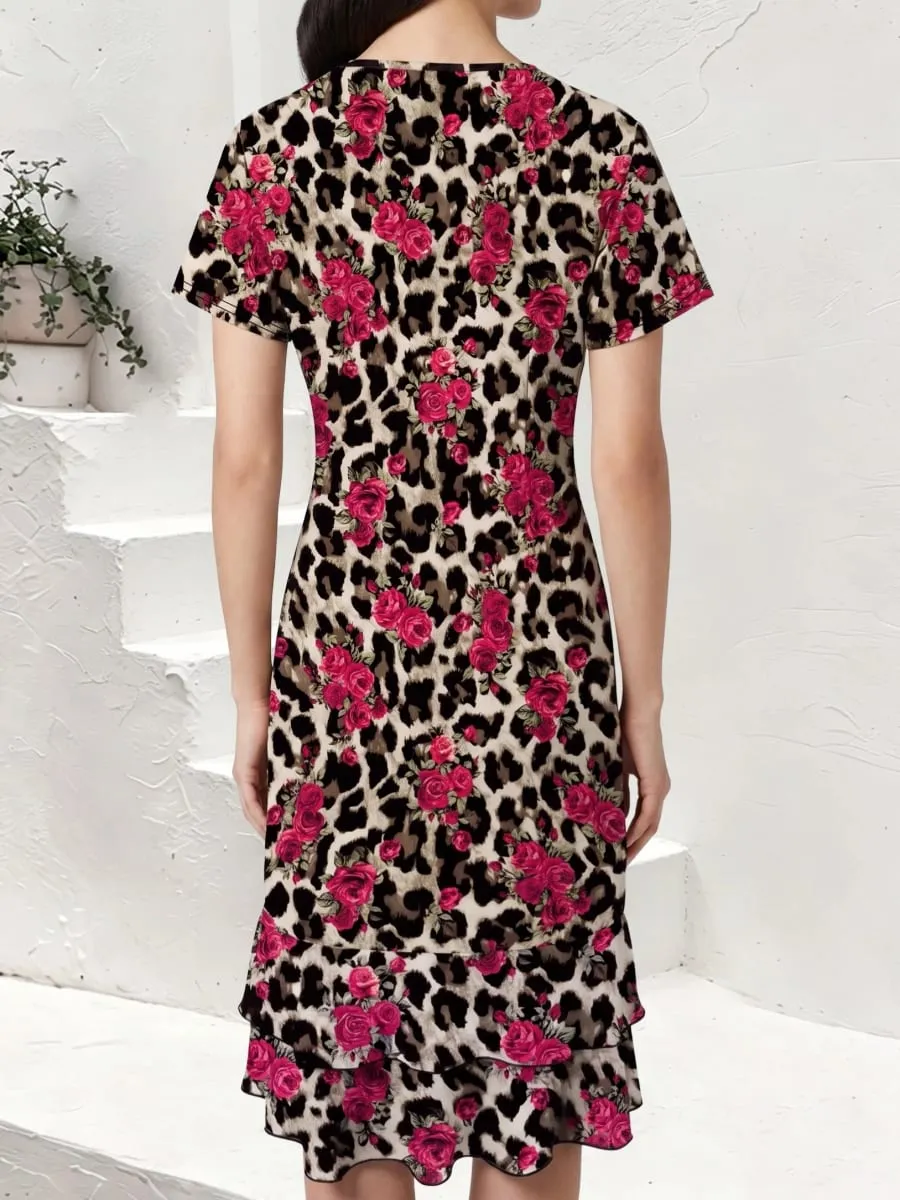 Women's Summer Short-Sleeved V Neck Dress Leopard Rose Print Mid-Length Casual Vacation Dress