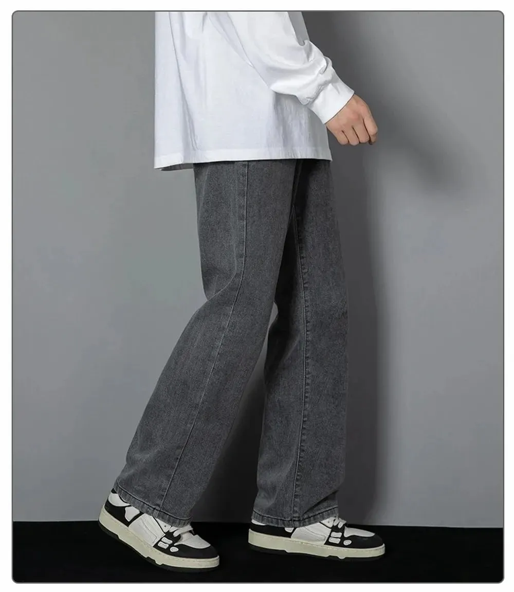 Jeans Panjang Kasual Pria Warna Solid Korea Celana Lebar Denim Lurus Empat Musim Pria Klasik Celana Lebar Biru Muda Abu-abu Hitam 3XL