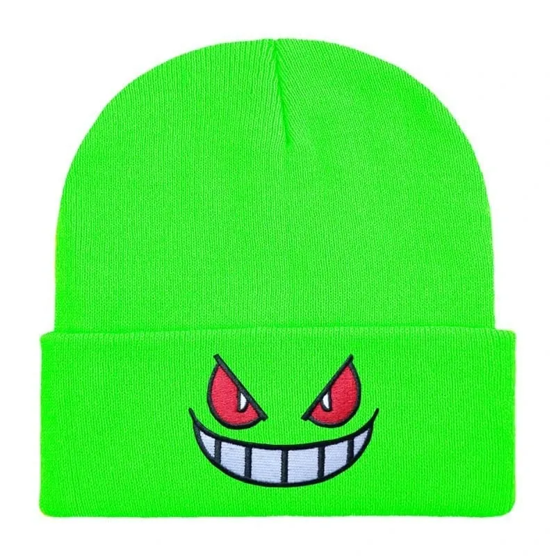 Pokemon Gengar Kartun Bordir Beanies Rajutan Skullies Musim Gugur Musim Dingin Topi Wol Hangat Gengar Wanita Pria Beanies
