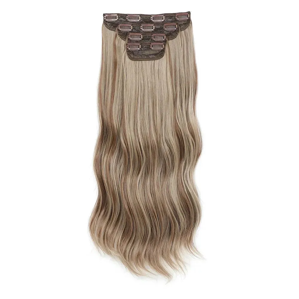4Pcs/Set 11 Clips 22 Inches 220g Beach Waves Clip in Hair Extensions Sandy Blonde Champagne Heat Resistant Synthetic Hairpiece