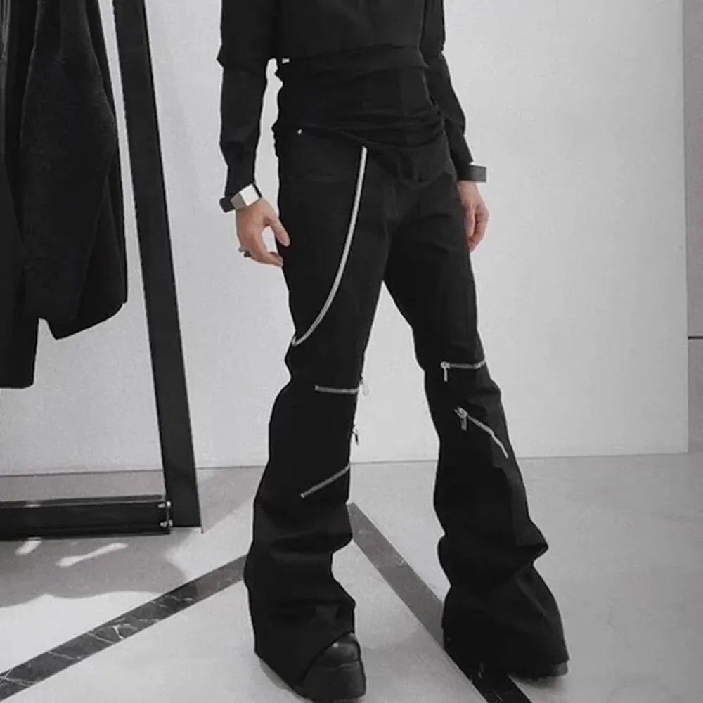 Knee Multi Zipper Coated Micro Flared Jeans for Men Streetwear Baggy Denim Trousers Straight Black Boot Cut