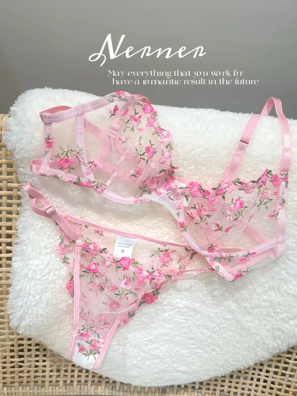 Kawaii Japanese Lingerie Set Sheer Tulle Pink Floral Embroidery Bra Bralette sek-si Pure Matching Set BANERDANNI Tushy Bras