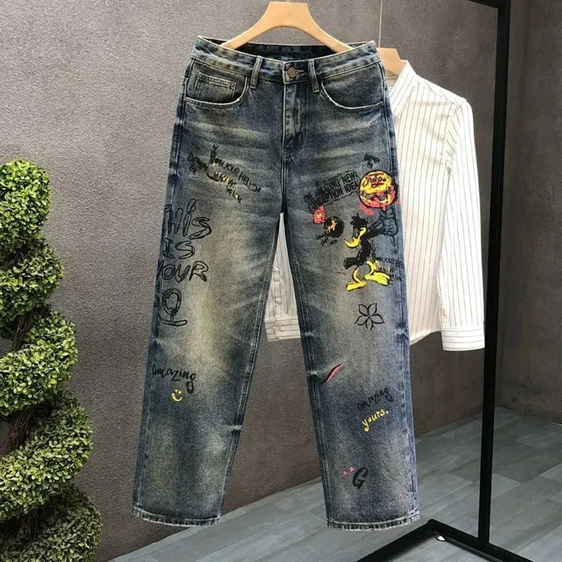 Spring and Autumn New Fashion Trend Print Straight Elastic Denim Pants for Men Casual Loose Retro Sport High-Quality Denim Jeans