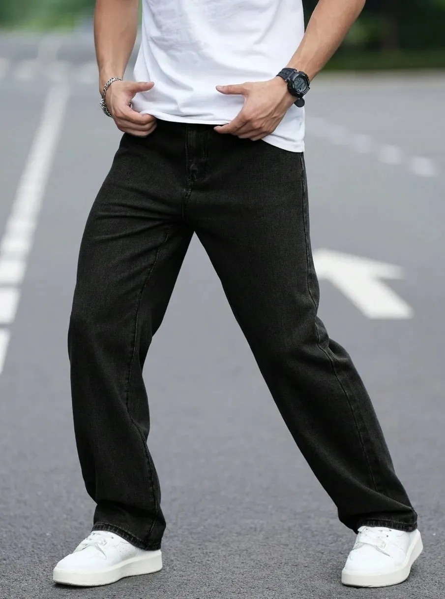 Men's Durable Black Relaxed-Fit Jeans Mid-Waist Comfort Street Style Essential Urban Pants