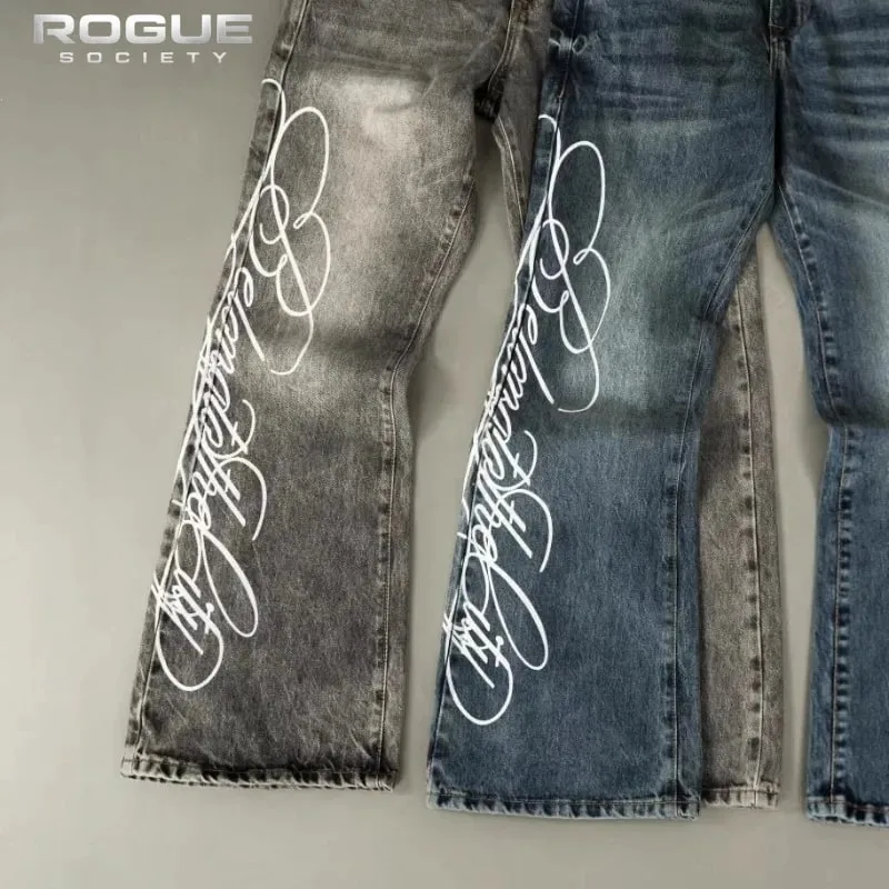 American Retro Y2K Streetwear Men Women Jeans Grunge Washed Faded Script Print High Street Hip Hop New Denim Summer Pants Casual