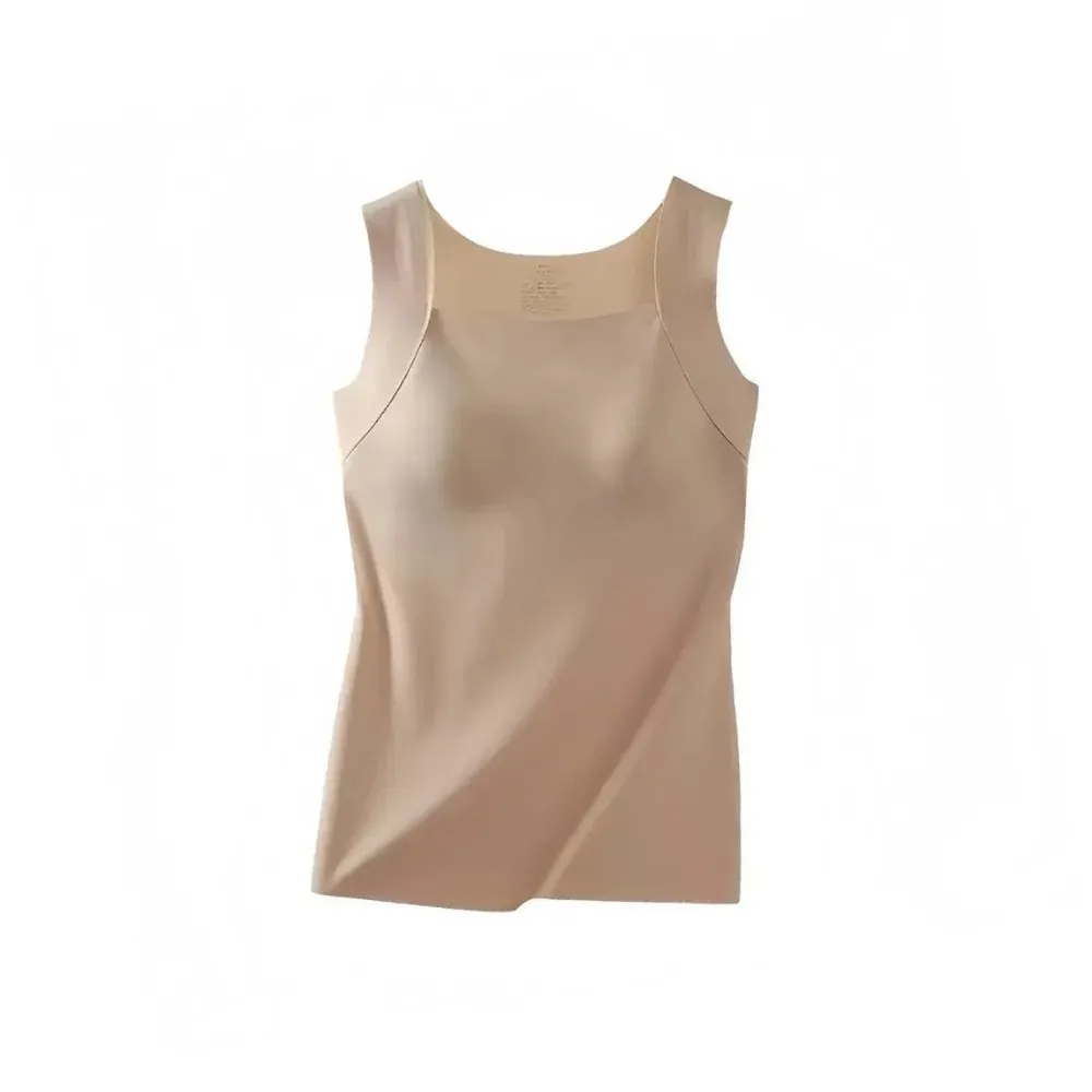 Built-in Bra Seamless Camisole Fixed Cup Solid Color Thermal Vest Stretchy U Neck Bottoming Underwear Multi-layer Wear