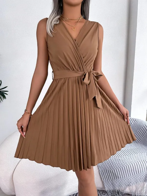 Women's Summer Casual Elegant Sleeveless Dress with Cross V-Neck Tie-Waist & Pleated Detail in Solid Color