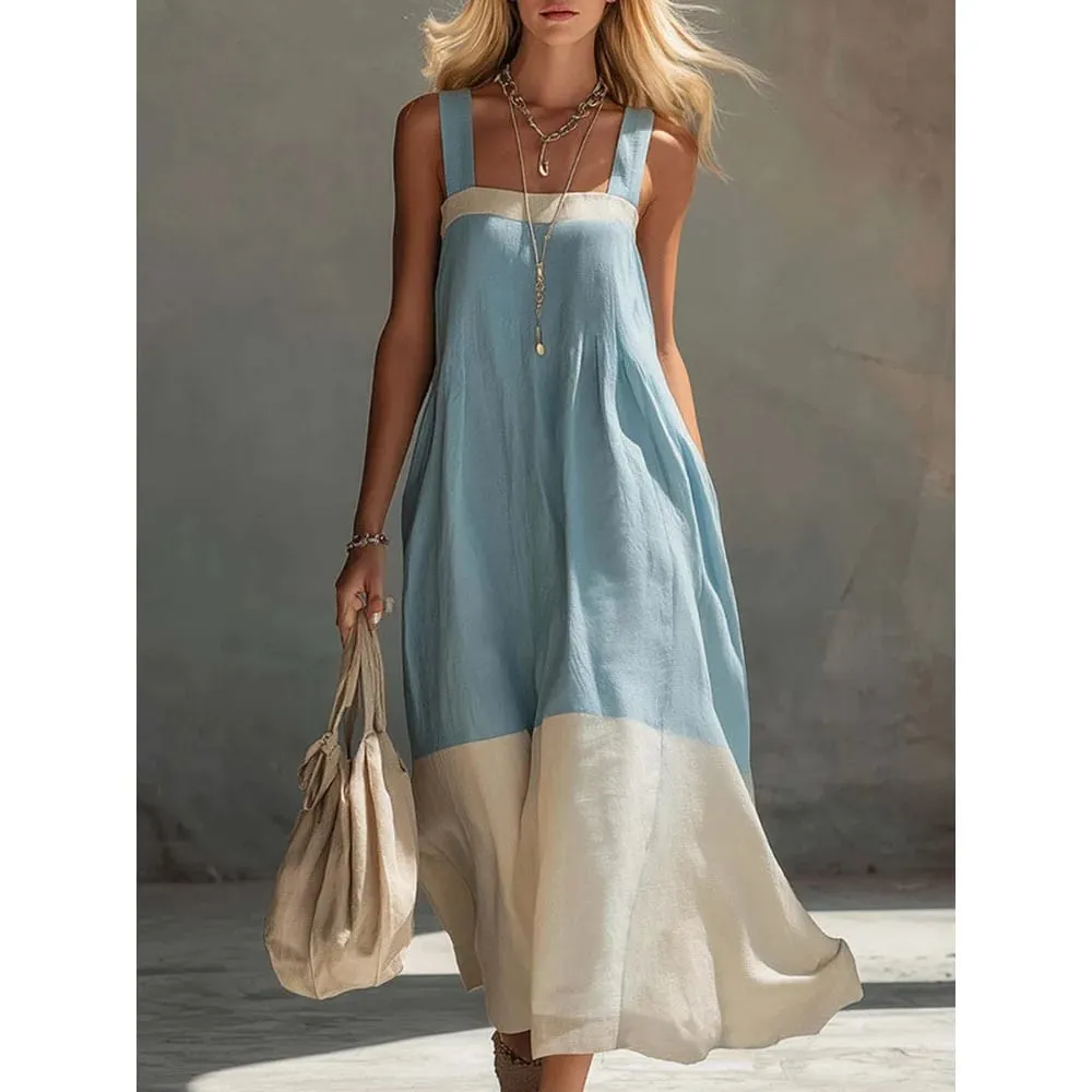 Women Color Block Sleeveless Maxi Dress Spaghetti Strap Loose Flowy Tiered Casual Sundress for Beach Vacation and Resort Wear