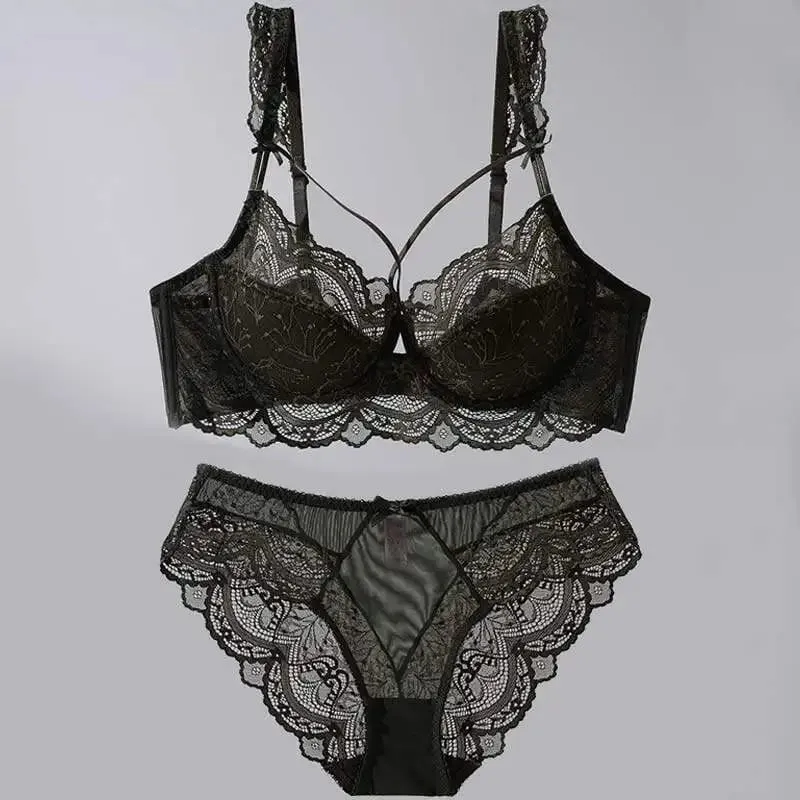 Elegant French Style Lace Lingerie Set Slim-Fitting Adjustable Gathers Mas Malaking Bust Mas Maliit na Hitsura Babae Soft Bra S-2XL Comfor Bra