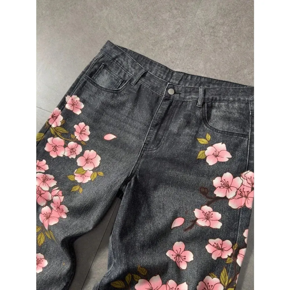 Y2K retro casual fashion high street pattern men's jeans floral tiger pattern loose high waist wide leg casual women's jeans