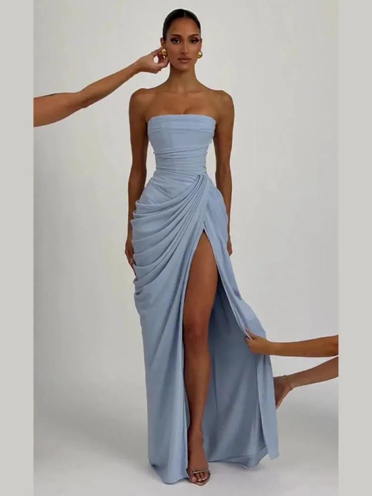 Sexy Solid Pleated Strapless Dress Lady Chic Off-shoulder Backless High Waist Split Dresses Babae 2026 Bagong Evening Party Gown