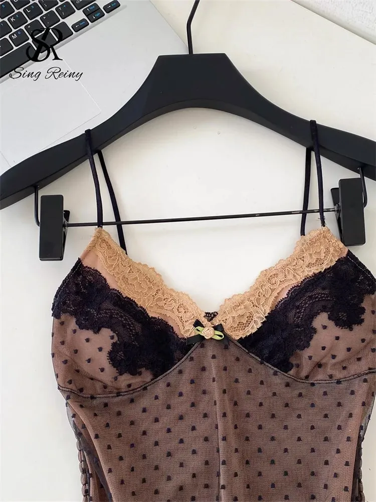 Polka Dot Mesh Lace Top French V Neck Shirred Stretchy Slim Backless Pambabaeng Tank Top Summer Y2K Sensual Lazy Kamisole