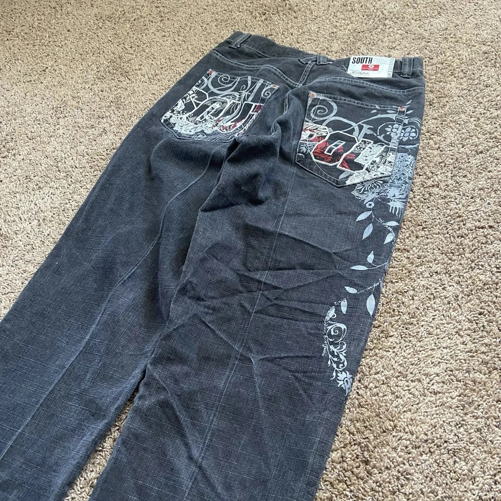 Y2K Vintage Baggy Jeans Men Orange Graffiti Print Wide Leg Skate Pants Retro 90s Hip Hop Streetwear Dark Denim Trousers