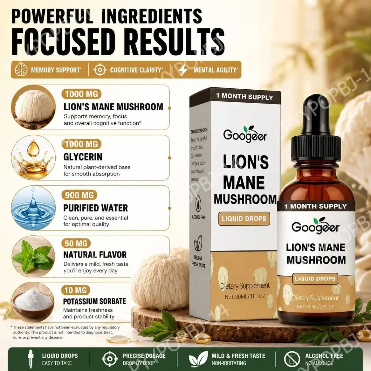 Googeer Lion's Mane Mushroom Flytande droppar minne och fokusstöd för kognitiv klarhet Mental smidighet Alkoholfri 30 ML — image 3
