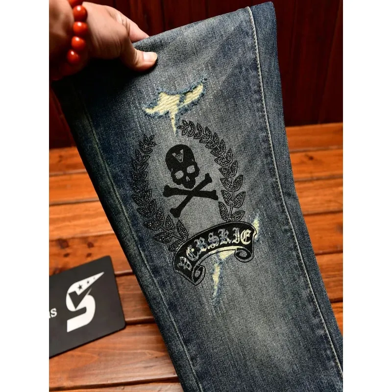 High end jeans men with ripped holes street fashion prints small feet elastic retro and handsome pants