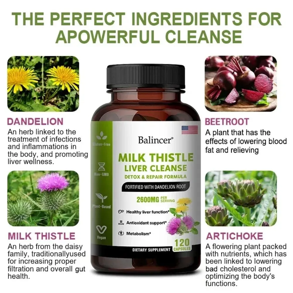 Milk Thistle with Dandelion Root-Antioxidant Liver & Kidney Health Support Supplement Vegan Non-GMO Gluten Free 120 Capsules