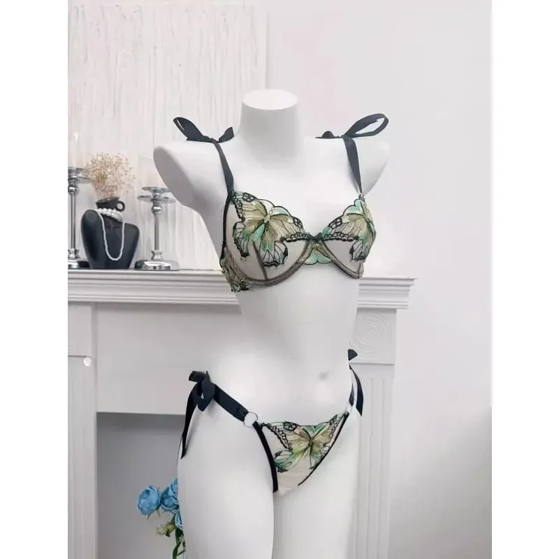Butterfly Embroidery French Lace Bra Sheer Net Elastic Straps No Padding Romantic Womens Lingerie Set S-XL Soft Comfy