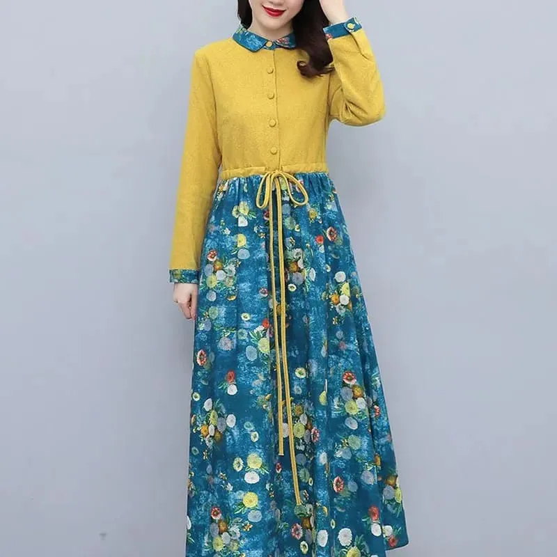 Pambabaeng Damit Mga Kaswal na Naka-print na Dress Spring Autumn Bagong Single-breasted Fashion Turn-down Collar Commute Drawstring Long Dress