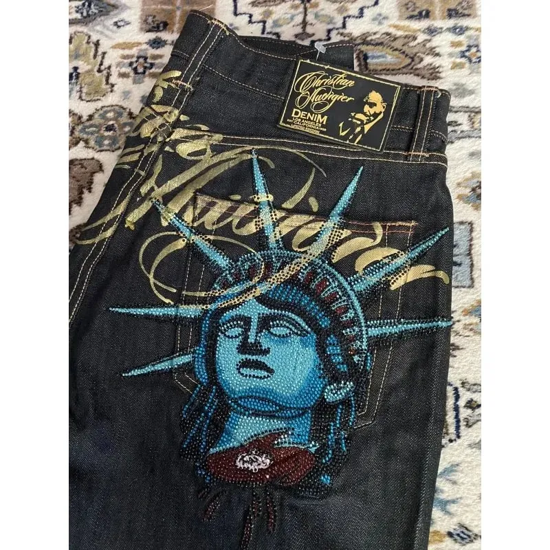 Amerikansk vintage Liberty Goddess diamantjeans med hög midja rakt skurna vida ben jeans Y2K casual Ins street wear långbyxor