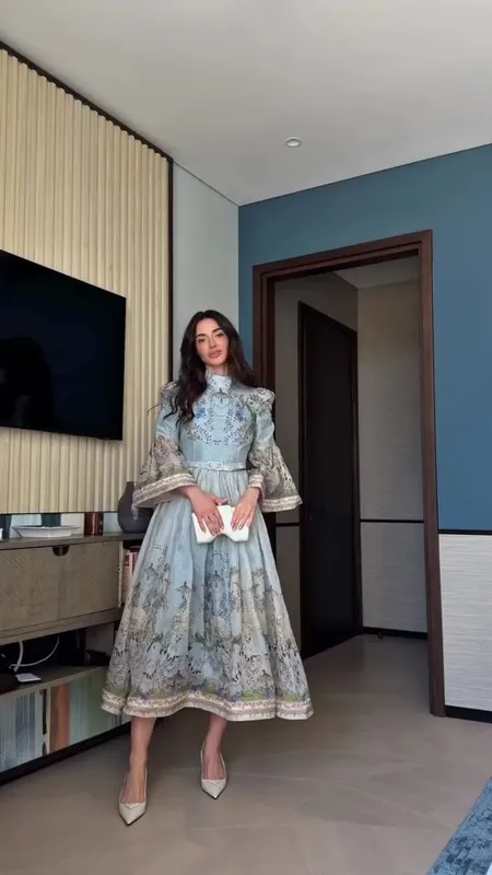 Lace Printed Women's Dress Elegant Half High Collar Loose Sleeve Single Breasted Belt Female Skirt 2026 Summer Lady Draped Robe